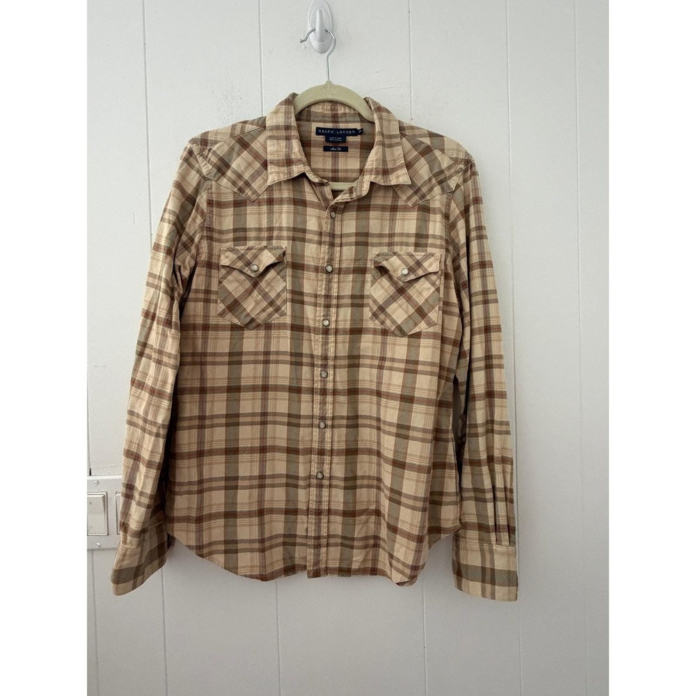 VTG 90s Ralph Lauren Slim Fit Western Pearl Snap Plaid Shirt Tan Brown Size 14